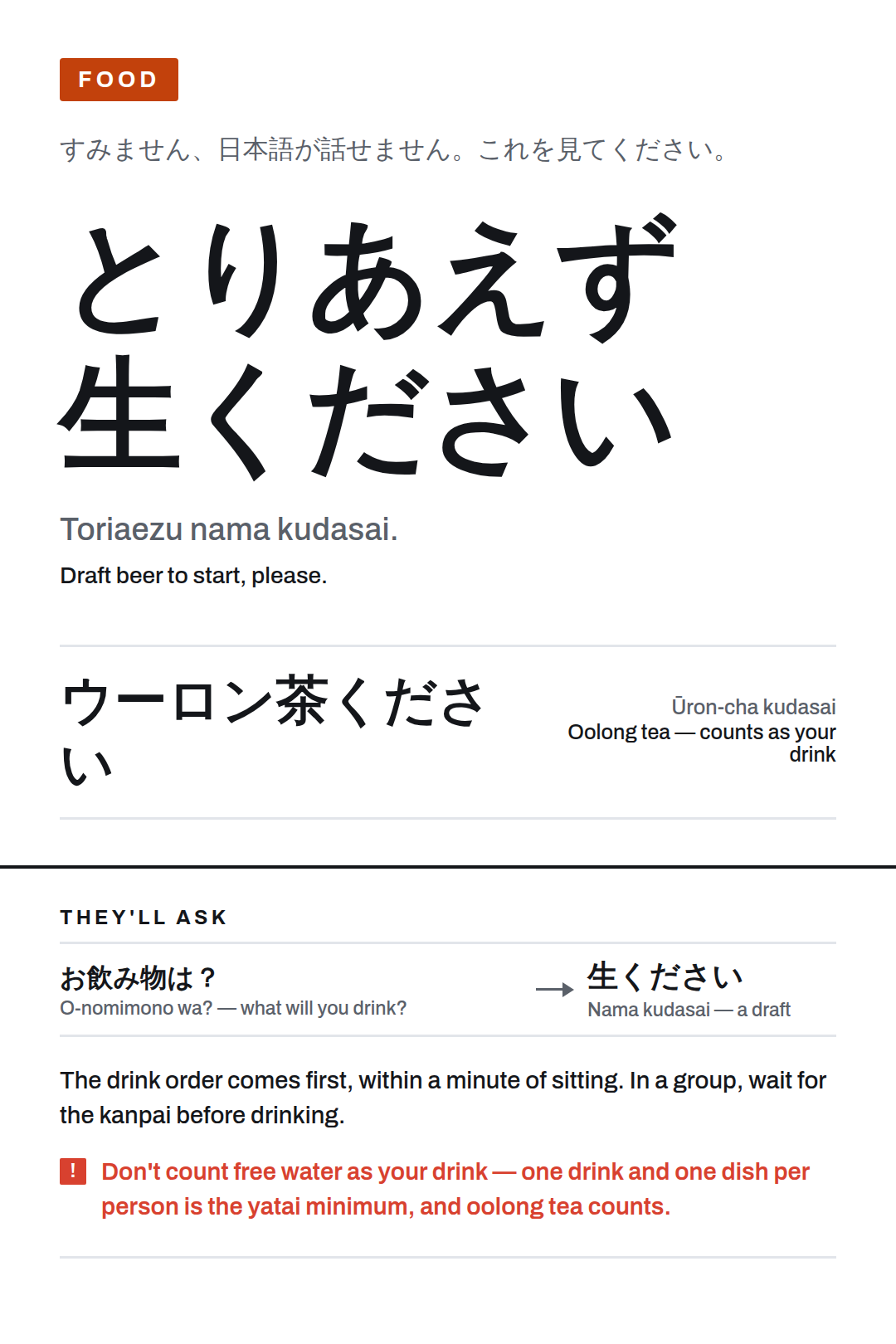 Draft beer to start, please. — Toriaezu nama kudasai., card 3 of the Japan Nights pack