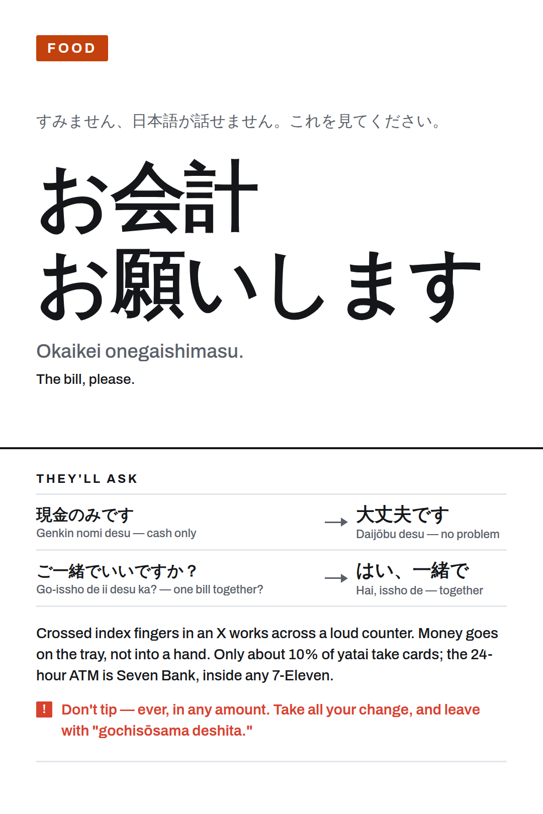The bill, please. — Okaikei onegaishimasu., card 8 of the Japan Nights pack