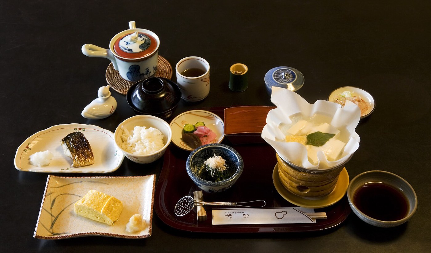 A multi-course kaiseki meal served in small dishes